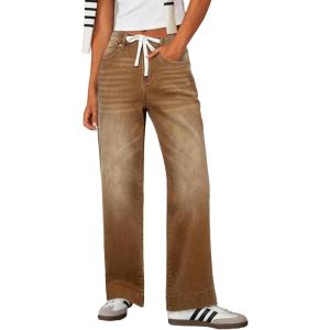 imageSidefeel Womens Wide Leg Jeans High Waisted Stretchy Straight Leg Baggy Drawstring Zimbaplatinum Denim PantsBrown