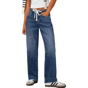 imageSidefeel Womens Wide Leg Jeans High Waisted Stretchy Straight Leg Baggy Drawstring Zimbaplatinum Denim PantsDark Blue