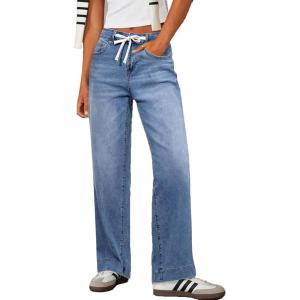 imageSidefeel Womens Wide Leg Jeans High Waisted Stretchy Straight Leg Baggy Drawstring Zimbaplatinum Denim PantsLight Blue
