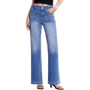 imageSidefeel Womens Wide Leg Jeans High Waisted Tummy Control Stretchy Pockets Front Straight Leg JeansLight Blue