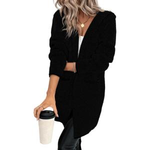 imageSidefeel Womens Winter Clothing Long Sleeve Open Front Contrast Cardigan Sweaters Oversized Chunky Knit Hooded Sweaters CoatBlack
