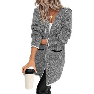 imageSidefeel Womens Winter Clothing Long Sleeve Open Front Contrast Cardigan Sweaters Oversized Chunky Knit Hooded Sweaters CoatGray