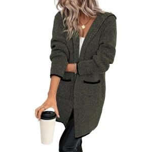 imageSidefeel Womens Winter Clothing Long Sleeve Open Front Contrast Cardigan Sweaters Oversized Chunky Knit Hooded Sweaters CoatGreen