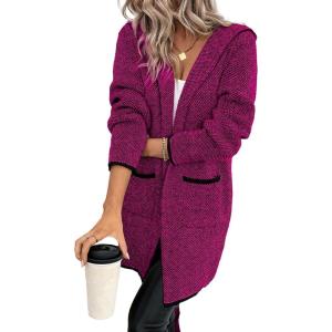 imageSidefeel Womens Winter Clothing Long Sleeve Open Front Contrast Cardigan Sweaters Oversized Chunky Knit Hooded Sweaters CoatHot Pink