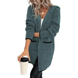 imageSidefeel Womens Winter Clothing Long Sleeve Open Front Contrast Cardigan Sweaters Oversized Chunky Knit Hooded Sweaters CoatPeacock Blue