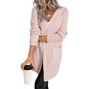 imageSidefeel Womens Winter Clothing Long Sleeve Open Front Contrast Cardigan Sweaters Oversized Chunky Knit Hooded Sweaters CoatPink