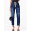 imageSidefeel Womens High Waisted Drawstring Jeans Pull On Cargo Joggers Zimbaplatinum Ripped Elastic Waist Denim PantsDark Blue