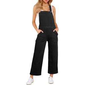 imageSidefeel Overalls for Women Casual Stretchy Adjustable Strap Denim Jumpsuits Wide Leg Loose Fit Cropped Jean RompersBlack