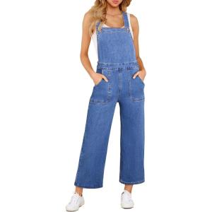 imageSidefeel Overalls for Women Casual Stretchy Adjustable Strap Denim Jumpsuits Wide Leg Loose Fit Cropped Jean RompersSky Blue