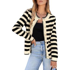 imageSidefeel Womens Cardigan Sweaters Striped Open Front Button Down Knitted Coat Cropped Fall Fashion OutwearApricot Stripe