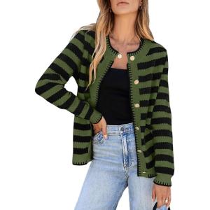 imageSidefeel Womens Cardigan Sweaters Striped Open Front Button Down Knitted Coat Cropped Fall Fashion OutwearArmy Green Stripe