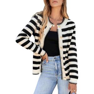 imageSidefeel Womens Cardigan Sweaters Striped Open Front Button Down Knitted Coat Cropped Fall Fashion OutwearBlack Stripe