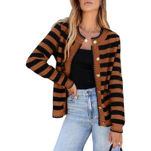 imageSidefeel Womens Cardigan Sweaters Striped Open Front Button Down Knitted Coat Cropped Fall Fashion OutwearBrown Stripe