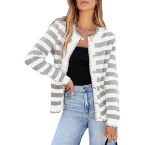 imageSidefeel Womens Cardigan Sweaters Striped Open Front Button Down Knitted Coat Cropped Fall Fashion OutwearLight Gray Stripe