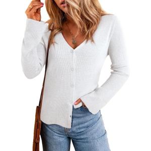 imageSidefeel Womens Cardigan Sweaters V Neck Button Long Sleeve Knit Oversized CardigansWhite