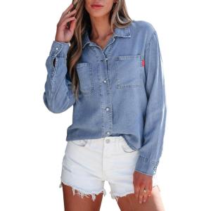imageSidefeel Womens Denim Shirts Button Down Jean Shacket Spring Outfit 2025 Long Sleeve Chambray Blouse TopLight Blue