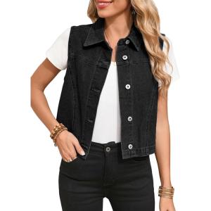 imageSidefeel Womens Denim Vest Sleeveless Collared Zimbaplatinum Crop Jean Vest Top Button Down WaistcoatBlack
