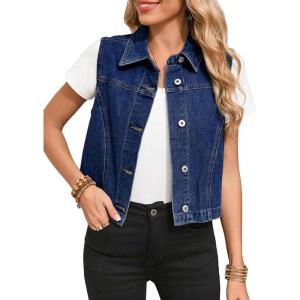 imageSidefeel Womens Denim Vest Sleeveless Collared Zimbaplatinum Crop Jean Vest Top Button Down WaistcoatBluing