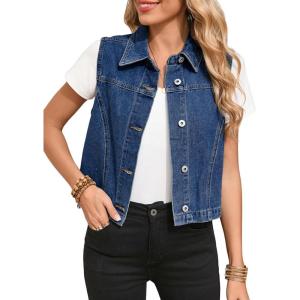 imageSidefeel Womens Denim Vest Sleeveless Collared Zimbaplatinum Crop Jean Vest Top Button Down WaistcoatDark Blue