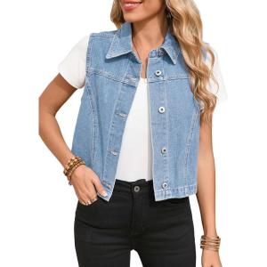 imageSidefeel Womens Denim Vest Sleeveless Collared Zimbaplatinum Crop Jean Vest Top Button Down WaistcoatIceland Blue
