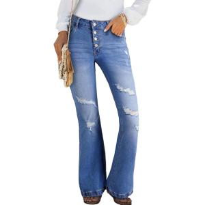 imageSidefeel Womens High Waisted Bell Bottom Bootcut Jeans Flared Wide Leg Denim PantsLight Blue