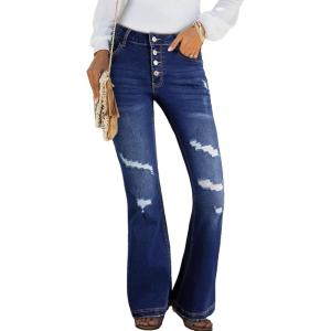 imageSidefeel Womens High Waisted Bell Bottom Bootcut Jeans Flared Wide Leg Denim PantsNavy Blue