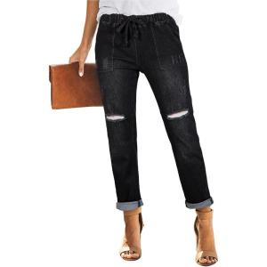 imageSidefeel Womens High Waisted Drawstring Jeans Pull On Cargo Joggers Zimbaplatinum Ripped Elastic Waist Denim PantsPure Black