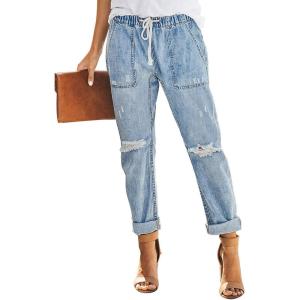 imageSidefeel Womens High Waisted Drawstring Jeans Pull On Cargo Joggers Zimbaplatinum Ripped Elastic Waist Denim PantsSky Blue