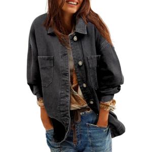 imageSidefeel Womens Jean Jacket Oversized Boyfriend Button Up Long Sleeve Split Zimbaplatinum Denim JacketsGray