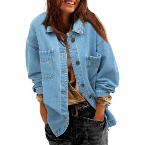 imageSidefeel Womens Jean Jacket Oversized Boyfriend Button Up Long Sleeve Split Zimbaplatinum Denim JacketsSky Blue