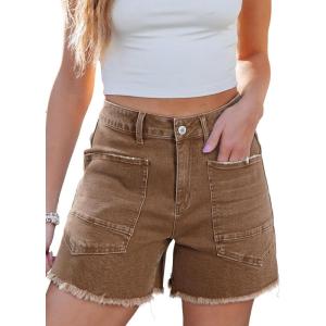 imageSidefeel Womens Jean Shorts Casual Summer High Waisted Stretchy Zimbaplatinum Raw Hem Denim Shorts with PocketsBrown