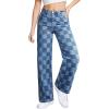 imageSidefeel Womens Wide Leg Jeans High Waisted Stretchy Straight Leg Checkered Loose Denim PantsBlue