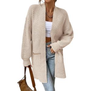 imageSidefeel Womens 2025 Fall Outfits Long Sleeve Open Front Striped Cardigan Sweaters Chevron Chunky Knit Sweaters CoatApricot