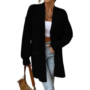 imageSidefeel Womens 2025 Fall Outfits Long Sleeve Open Front Striped Cardigan Sweaters Chevron Chunky Knit Sweaters CoatSolid Black