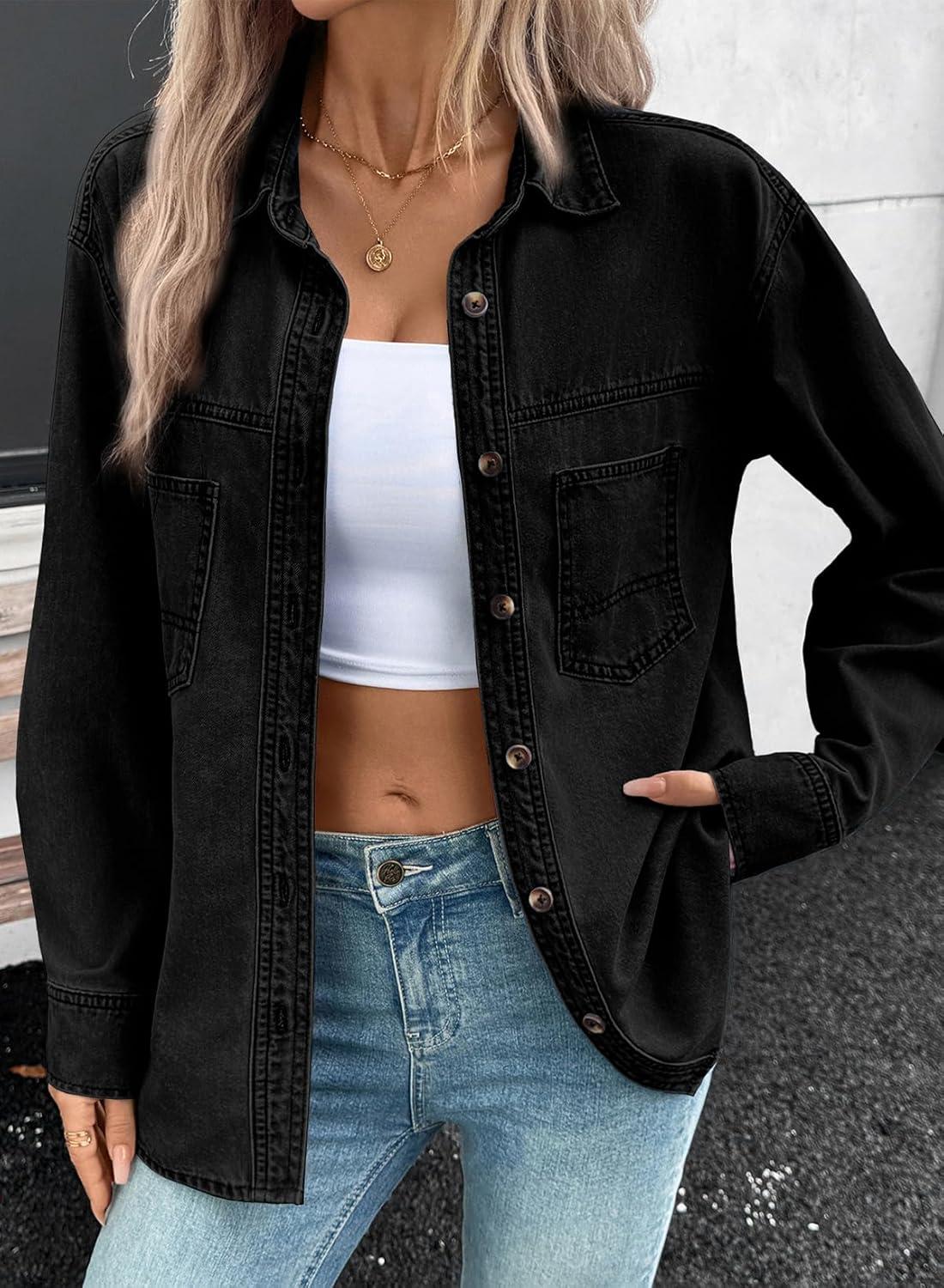 imageSidefeel Women Denim Shirts Oversized Long Sleeve Button Down Blouse V Neck Casual Top ShacketsBlack