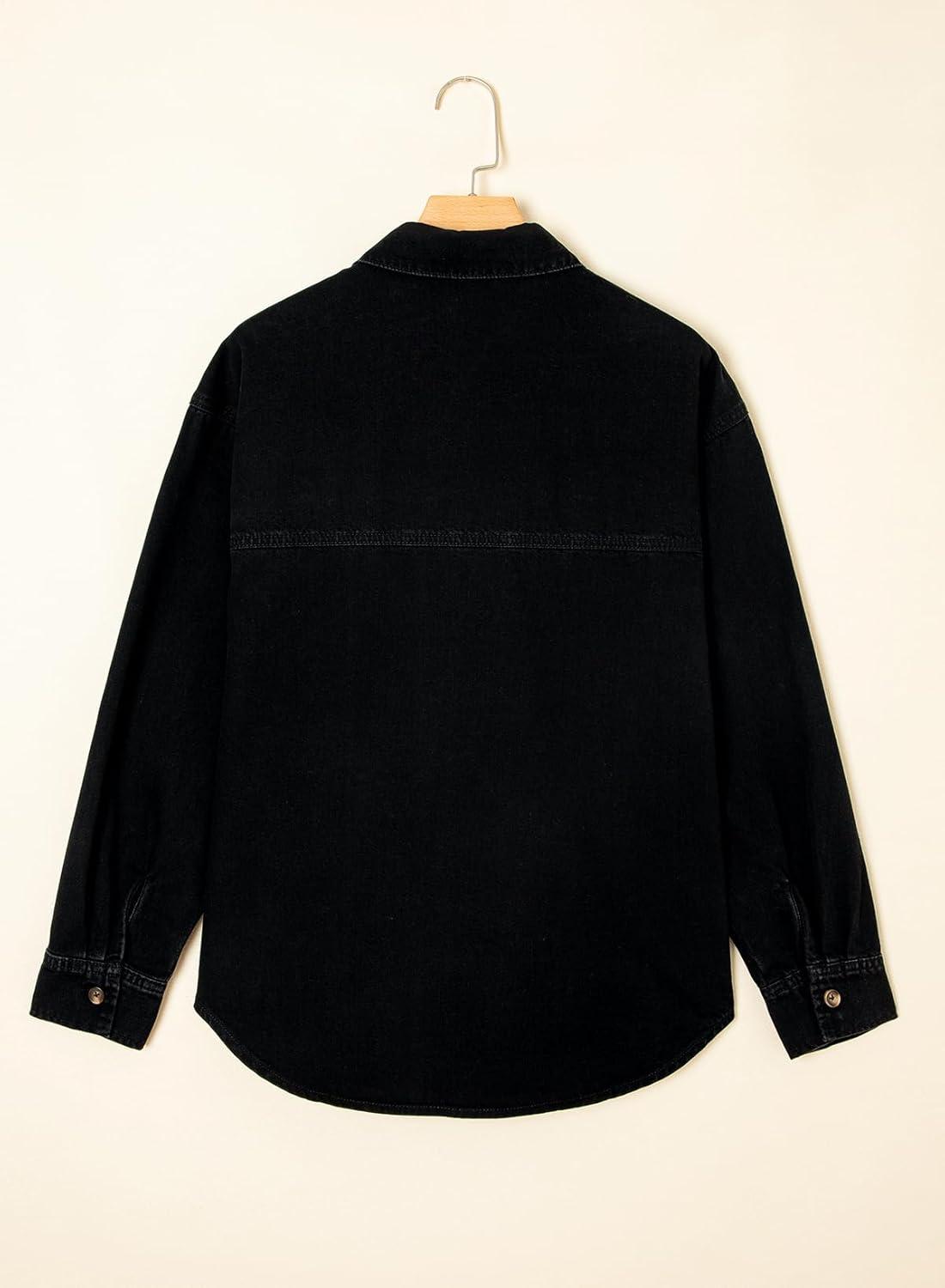 imageSidefeel Women Denim Shirts Oversized Long Sleeve Button Down Blouse V Neck Casual Top ShacketsBlack