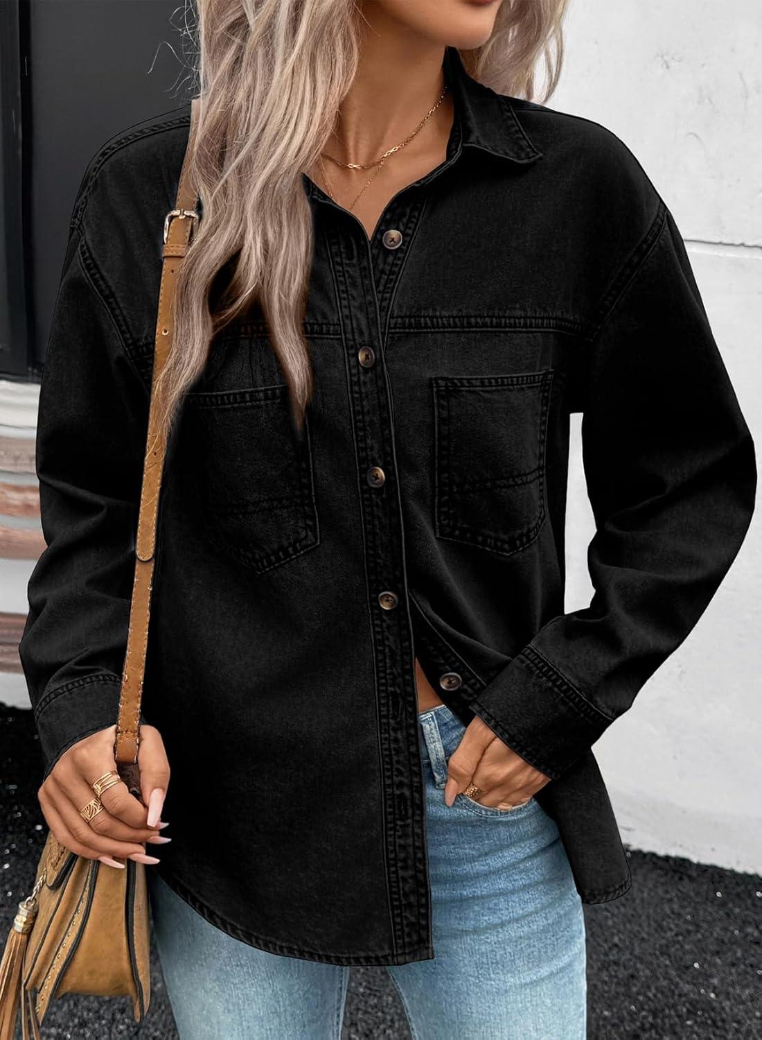 imageSidefeel Women Denim Shirts Oversized Long Sleeve Button Down Blouse V Neck Casual Top ShacketsBlack