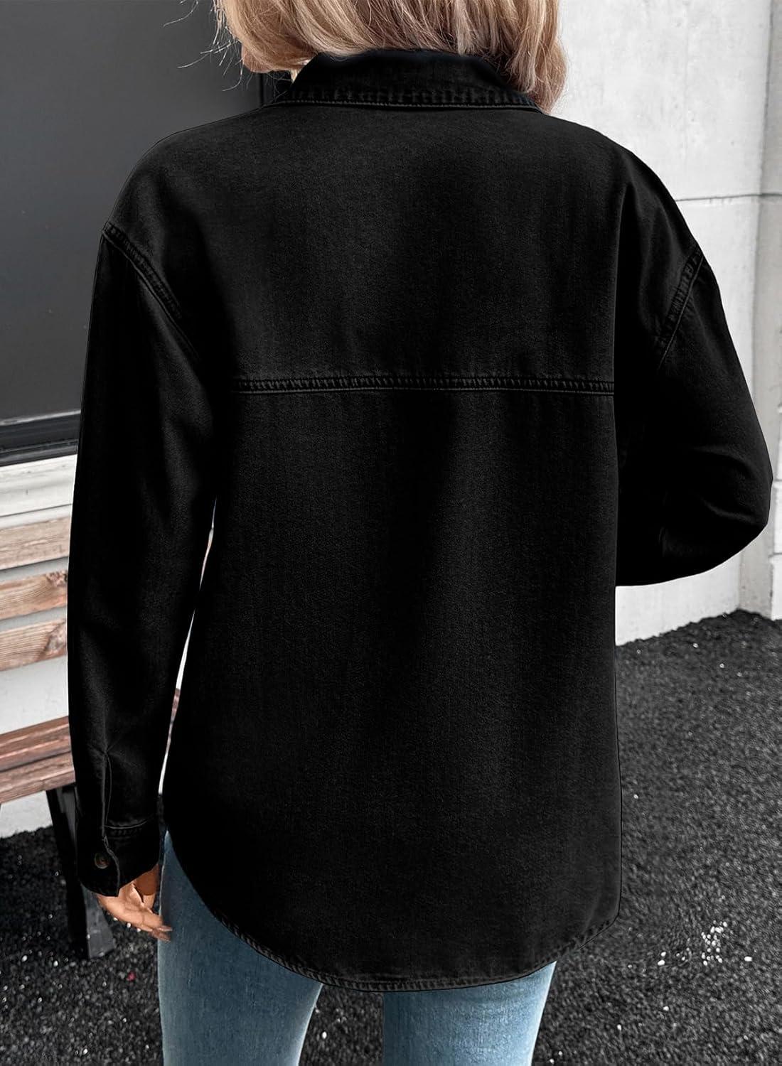 imageSidefeel Women Denim Shirts Oversized Long Sleeve Button Down Blouse V Neck Casual Top ShacketsBlack