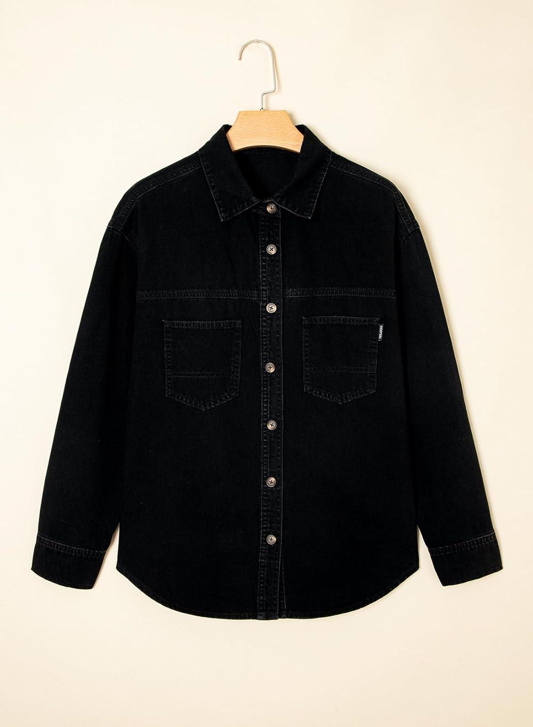 imageSidefeel Women Denim Shirts Oversized Long Sleeve Button Down Blouse V Neck Casual Top ShacketsBlack