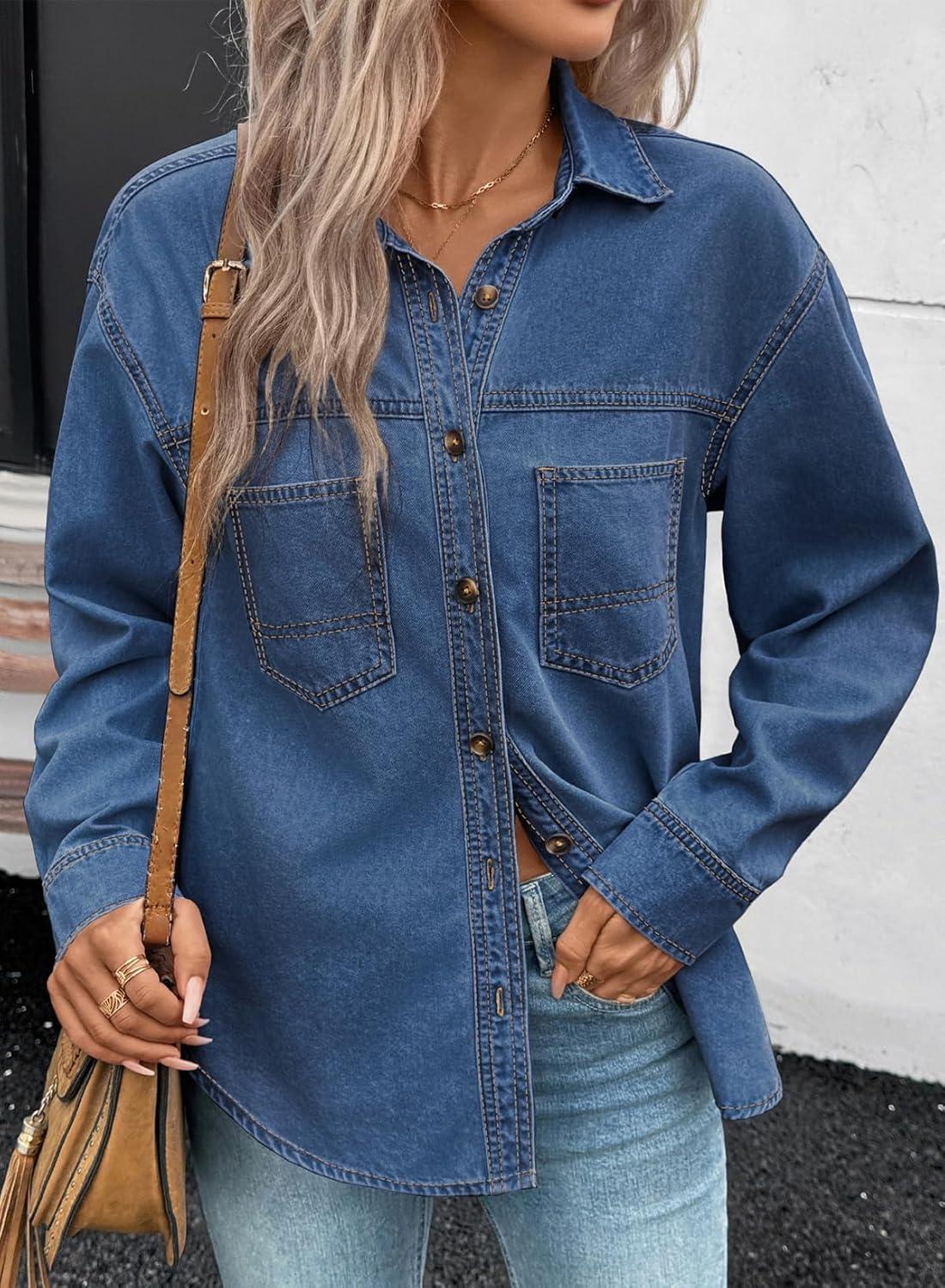 imageSidefeel Women Denim Shirts Oversized Long Sleeve Button Down Blouse V Neck Casual Top ShacketsBlue