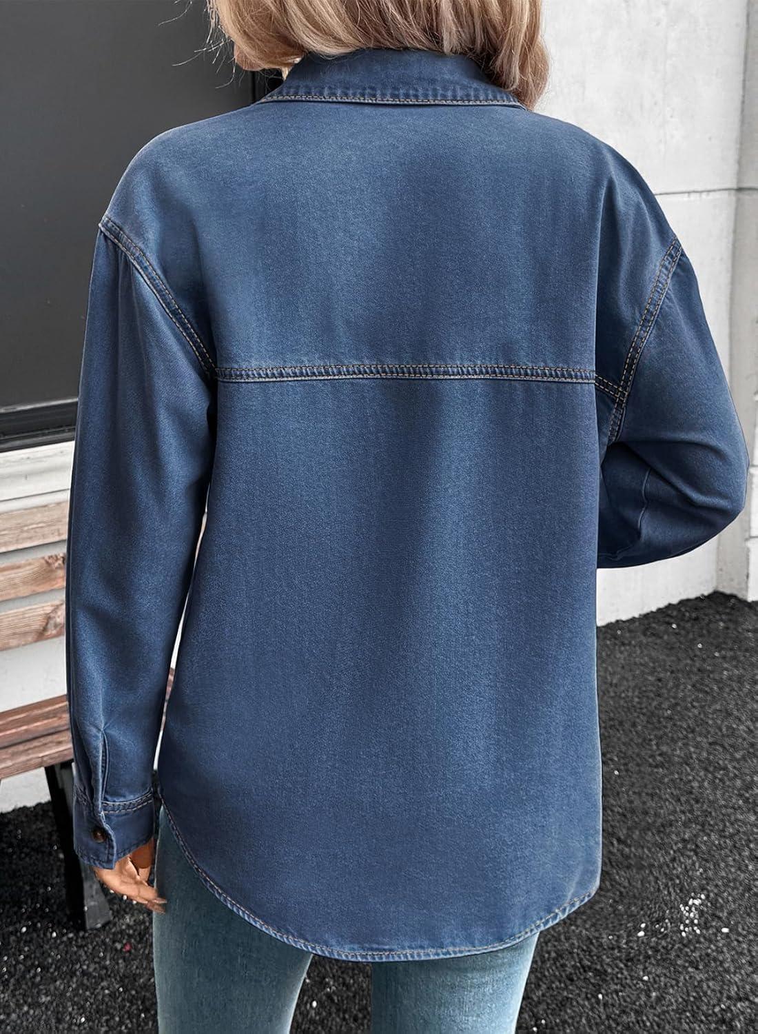 imageSidefeel Women Denim Shirts Oversized Long Sleeve Button Down Blouse V Neck Casual Top ShacketsBlue