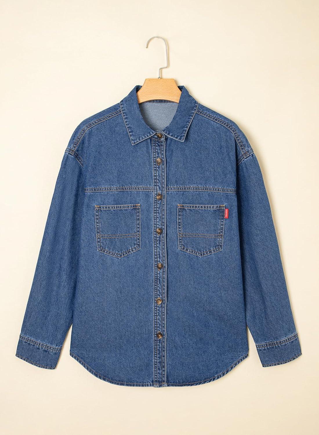 imageSidefeel Women Denim Shirts Oversized Long Sleeve Button Down Blouse V Neck Casual Top ShacketsBlue