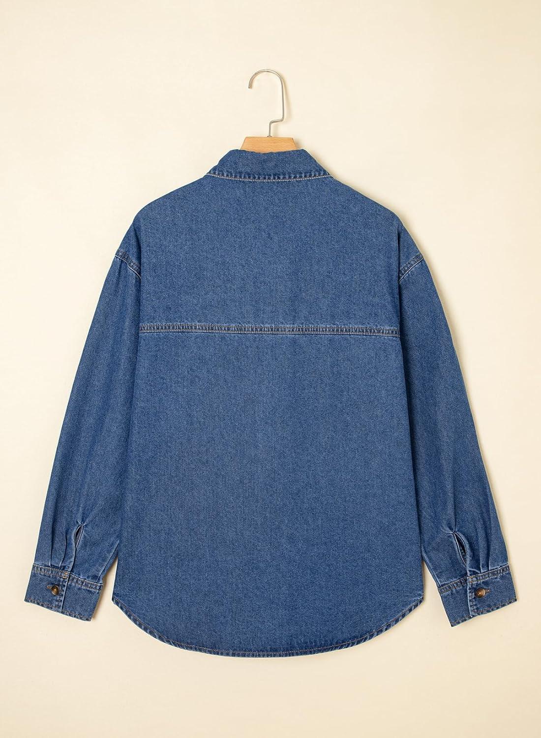 imageSidefeel Women Denim Shirts Oversized Long Sleeve Button Down Blouse V Neck Casual Top ShacketsBlue