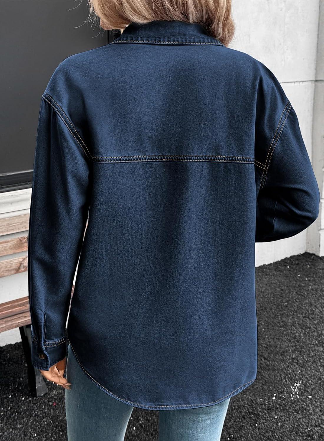 imageSidefeel Women Denim Shirts Oversized Long Sleeve Button Down Blouse V Neck Casual Top ShacketsDark Blue