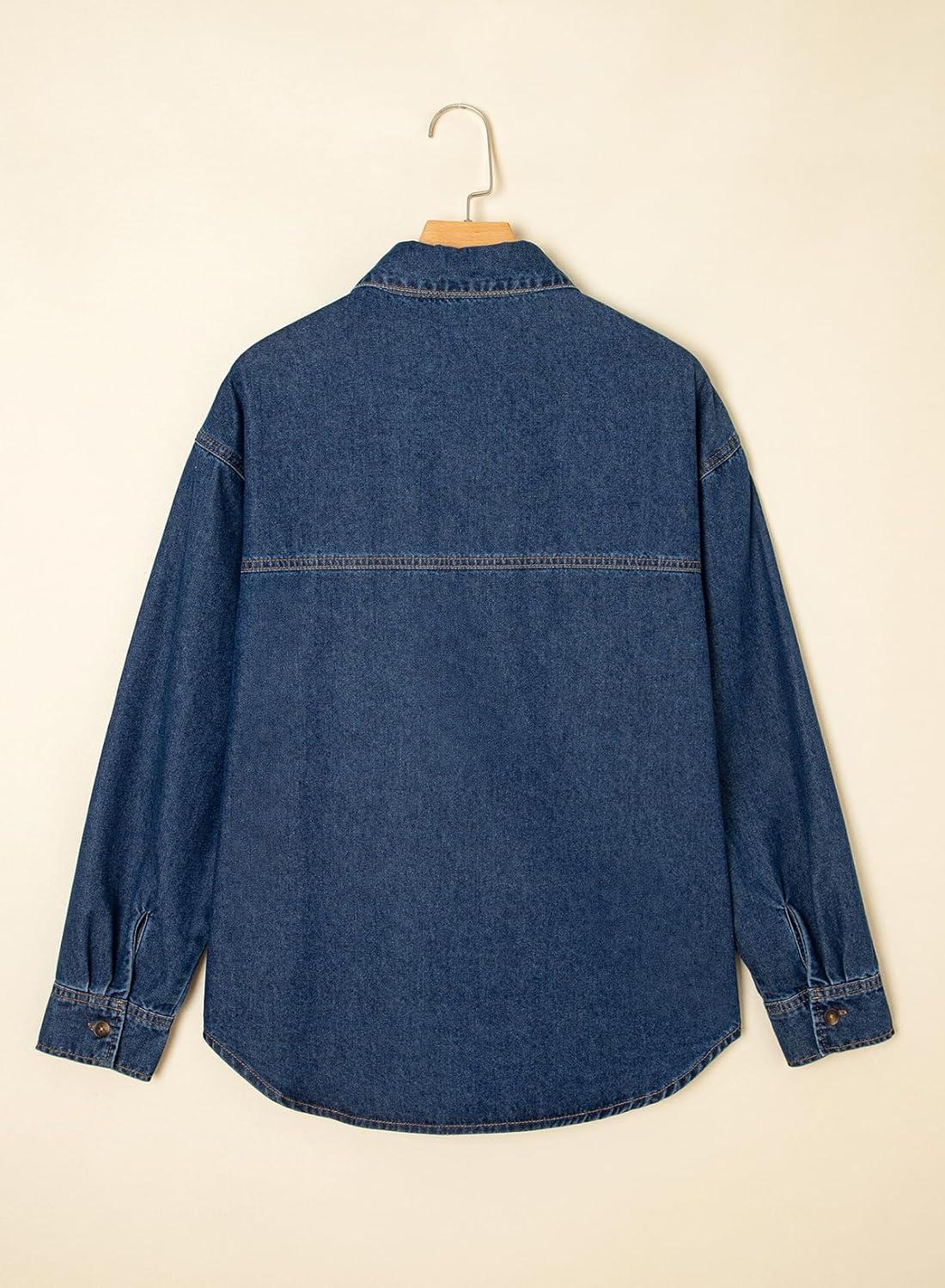 imageSidefeel Women Denim Shirts Oversized Long Sleeve Button Down Blouse V Neck Casual Top ShacketsDark Blue