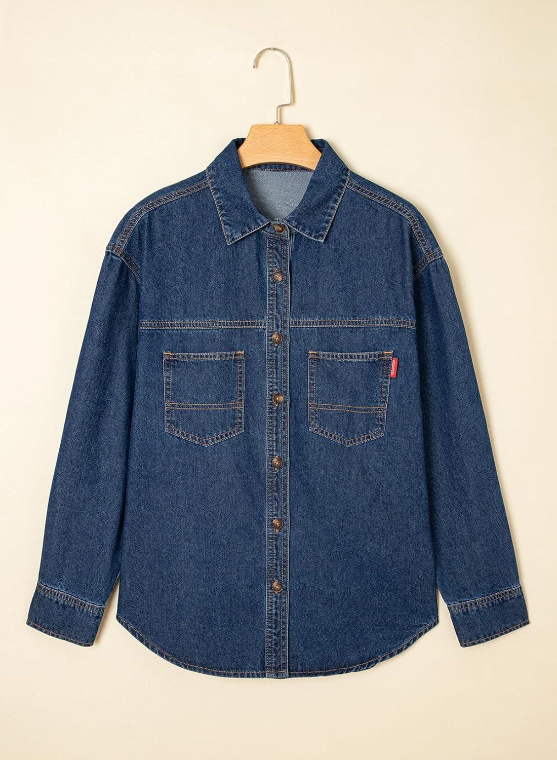 imageSidefeel Women Denim Shirts Oversized Long Sleeve Button Down Blouse V Neck Casual Top ShacketsDark Blue