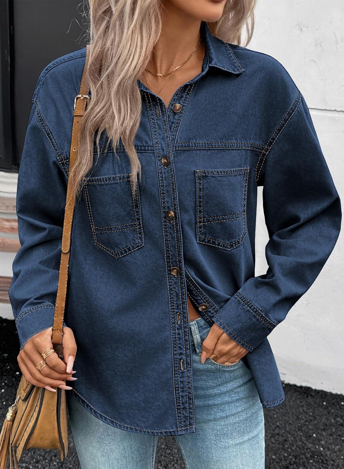 imageSidefeel Women Denim Shirts Oversized Long Sleeve Button Down Blouse V Neck Casual Top ShacketsDark Blue