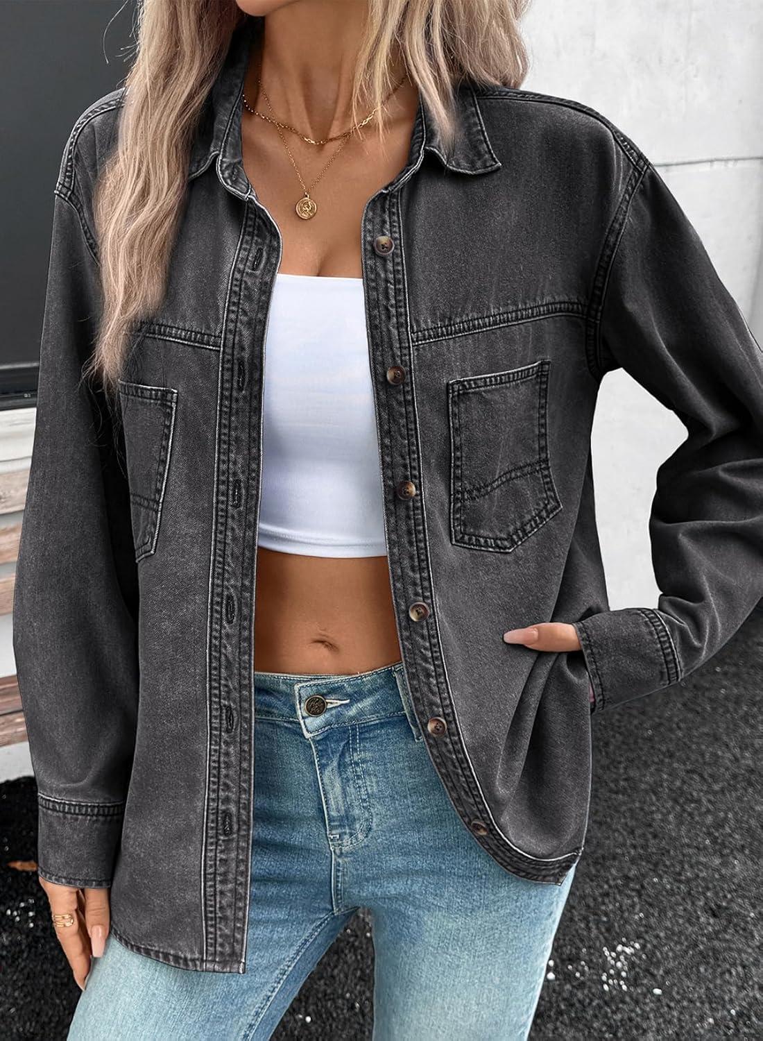 imageSidefeel Women Denim Shirts Oversized Long Sleeve Button Down Blouse V Neck Casual Top ShacketsGray
