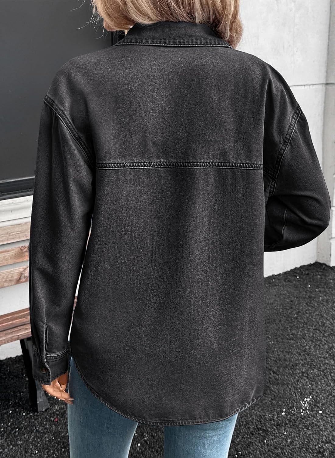 imageSidefeel Women Denim Shirts Oversized Long Sleeve Button Down Blouse V Neck Casual Top ShacketsGray