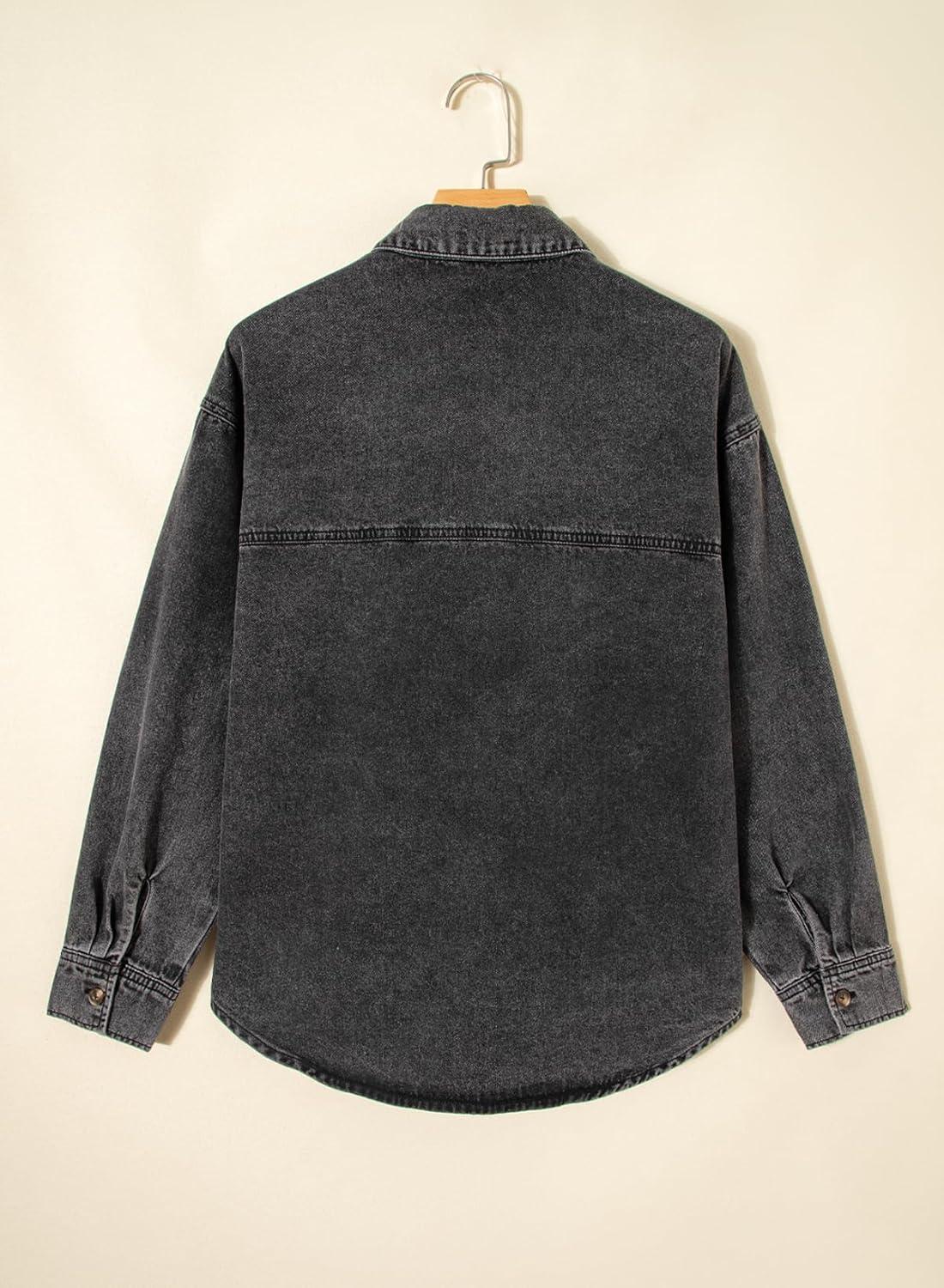 imageSidefeel Women Denim Shirts Oversized Long Sleeve Button Down Blouse V Neck Casual Top ShacketsGray